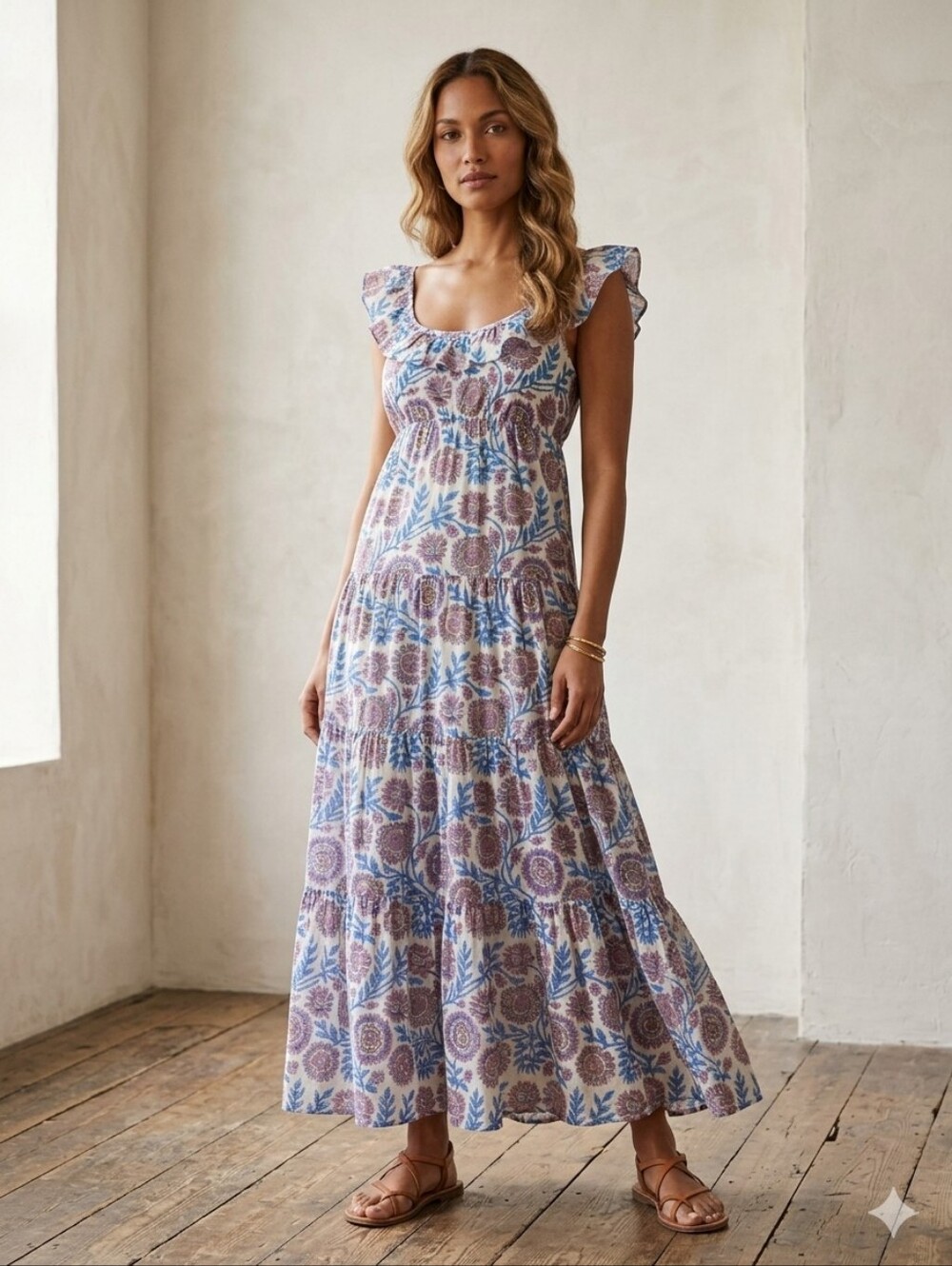 NWOT J.Crew 100% Cotton Flowy Tiered Neck Ruffle Maxi Floral Sundress Blue M